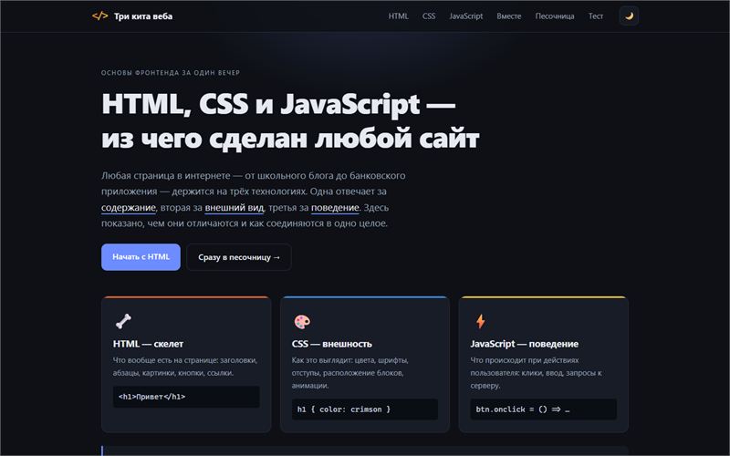 First screen in a dark theme: a Russian headline about HTML, CSS and JavaScript and three cards — skeleton, appearance, behaviour