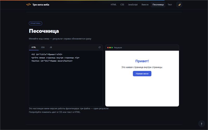 Sandbox: an editor with HTML, CSS and JS tabs on the left and a live preview with a button on the right
