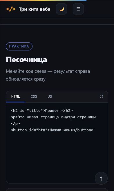 The sandbox on a phone: HTML, CSS, JS tabs and code