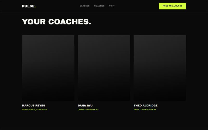 “Your coaches.” section: three coach cards with gradients instead of photos