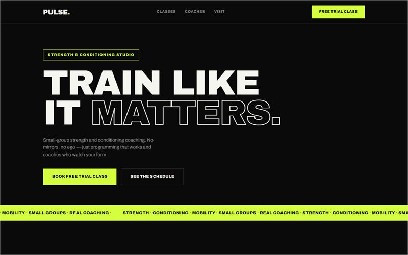 PULSE first screen: the headline “Train like it matters” on black with lime booking buttons